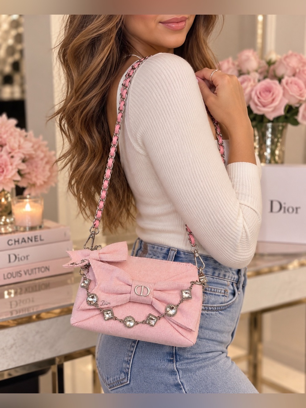 Miss Dior Pink Mini Bow Chain Shoulder Bag with mini keychain